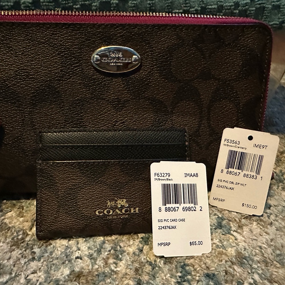 Coach Brown with cranberry trim Wristlet and Card Case Set